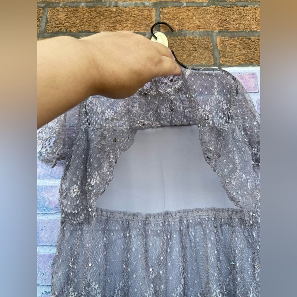Vintage 1980s Rina Di Montella Silk with Tiered Lace and Rhinestones dress 10 - Picture 5 of 13